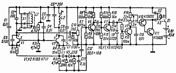 Схема миноискателя на биениях с семью транзисторами